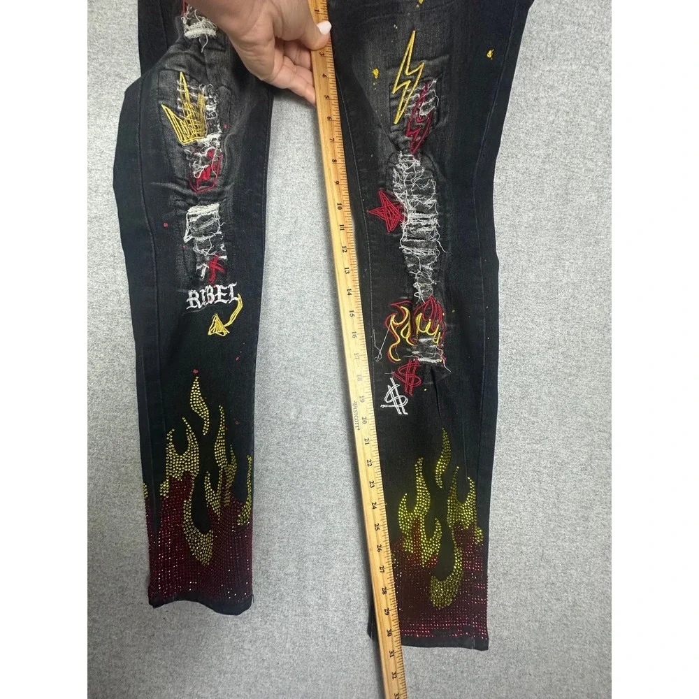 Always Lit Jeans 36x32 Black Rhinestone Jewel Flame Graphic R3bel Streetwear